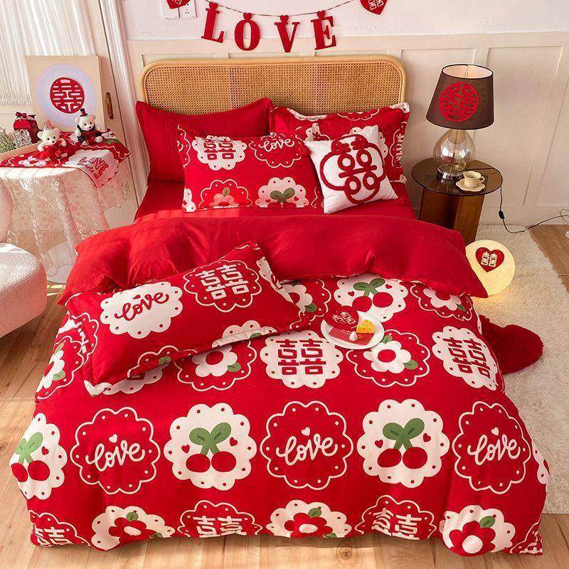 新婚四件套四季斜纹磨毛床单被套结婚大红色婚庆用品三件套纯色,床上用品,婚庆床品套件,淘宝优惠券,粉丝福利购,淘宝优惠卷