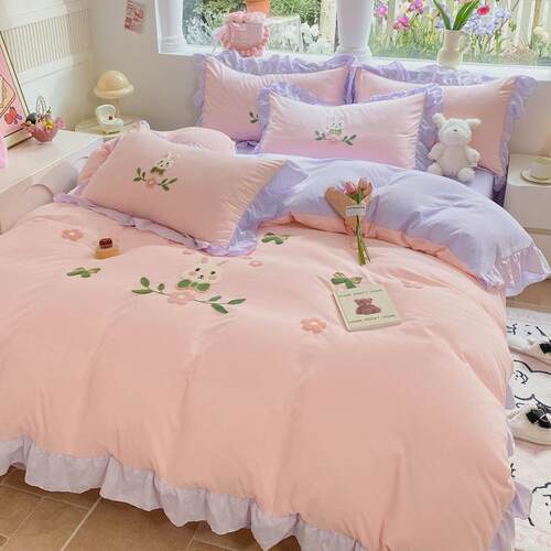 可爱四件套全水洗棉卡通儿童少女心公主风被套春夏季款床笠床品三