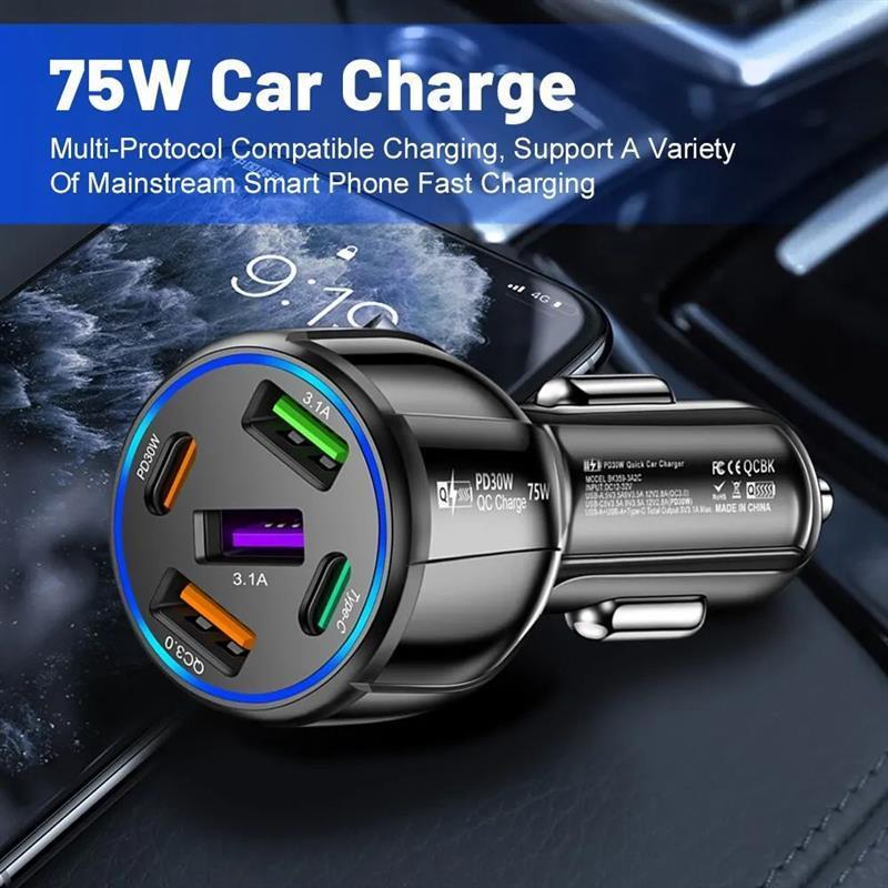 5 Port 75W USB Car Chargers Type C Car Charger Fast Cha