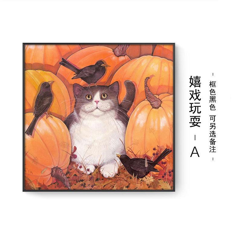 卡通南瓜动物猫咪挂画北欧客厅装饰画现代简约卧室正方形柜子摆画图片
