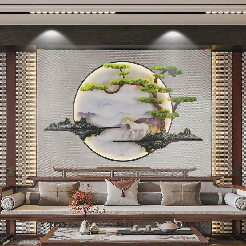 3d客厅沙发室内电视背景墙装饰画茶室圆形铁艺立体挂画风景三联