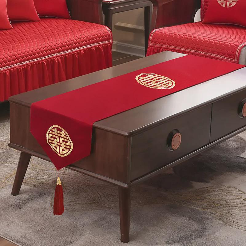 桌旗中式茶几桌布婚礼结婚红色喜字餐桌布婚庆流苏刺绣电视柜盖巾