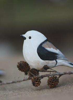 鹿妖商店 肥啾木雕小鸟 生日礼物 银喉 北长尾山雀 手工 桌面摆件