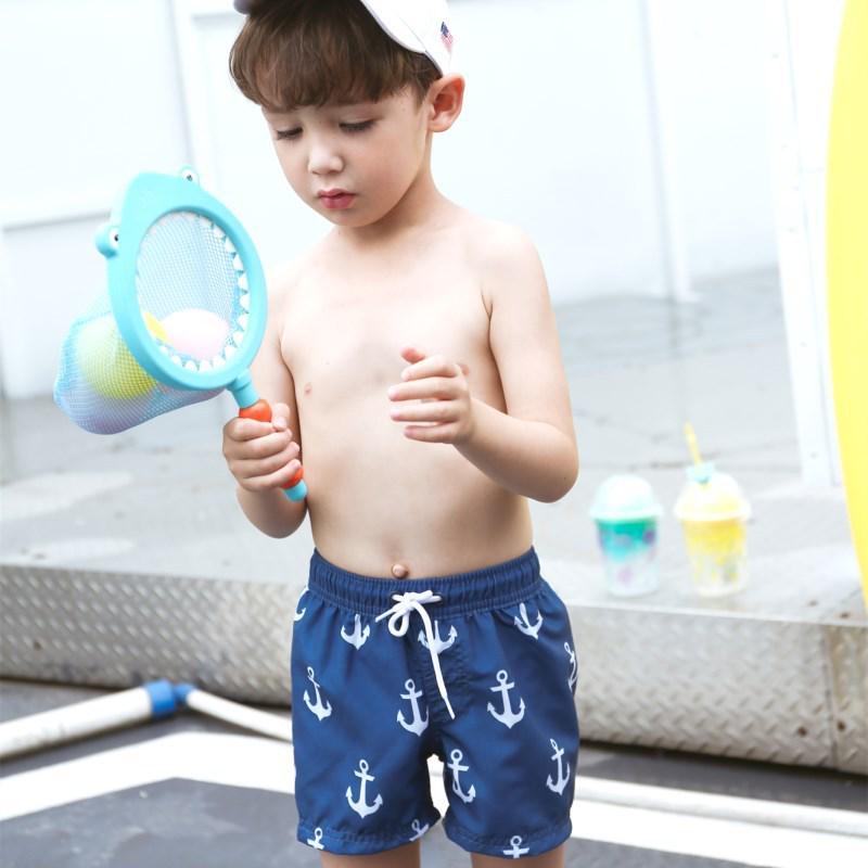 儿童沙滩裤小中大童深蓝色吊钩印花系带可爱男童宽松运动泳裤度假