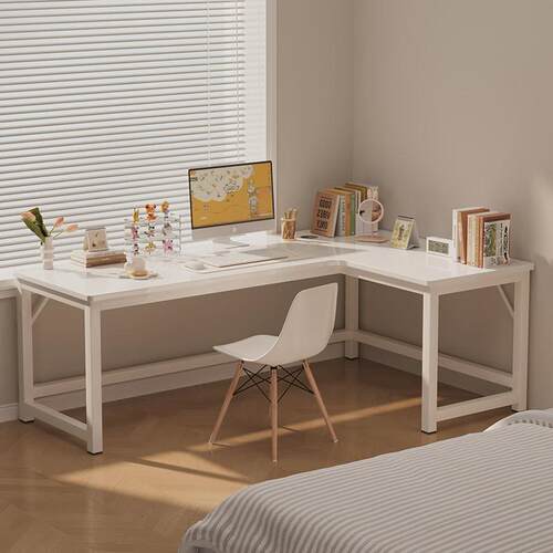 风家用卧室学习桌子l型奶油转角电脑桌洞洞板拐角书桌书架一体桌