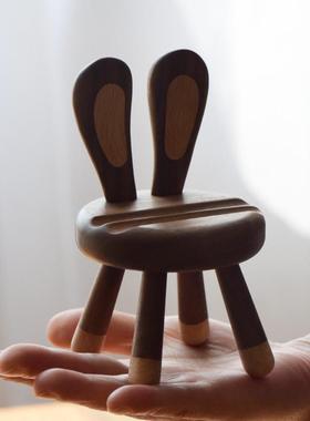 创意可爱纯手工小兔子手机支架 板凳造型手机底座 生日礼物木摆件