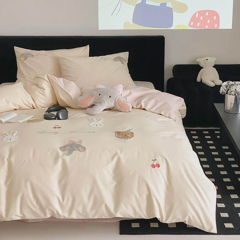 2024新款100S全棉长绒棉磨毛四件套少女心粉色小清新被套卡通可爱
