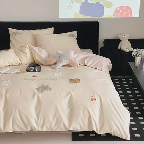 2024新款100S全棉长绒棉磨毛四件套少女心粉色小清新被套卡通可爱