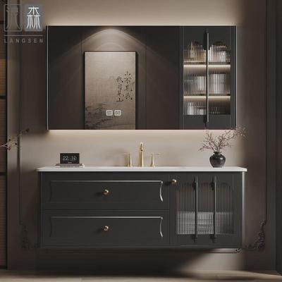 热销法式复古岩板热弯烤漆一体盆洗漱洗手台面橡木陶瓷智能浴室柜