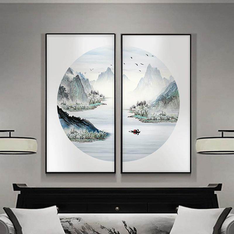 新中式挂画茶室背景墙装饰画书房山水画客厅餐厅组合玄关壁画