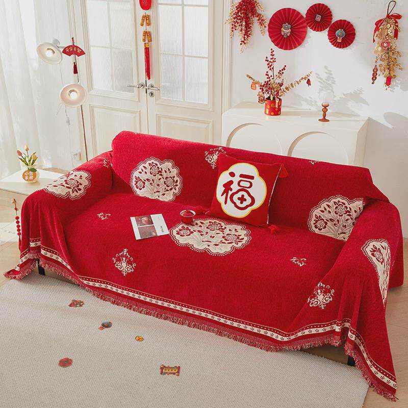 喜庆防滑四季通用新春鸿运系列红色全包防滑沙发垫装饰套罩沙发巾