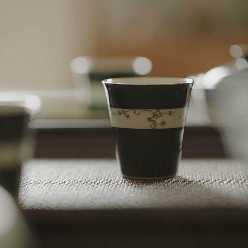 无落玄品茗杯下彩手绘松针黑釉手工陶瓷描金茶杯功夫茶具主人杯