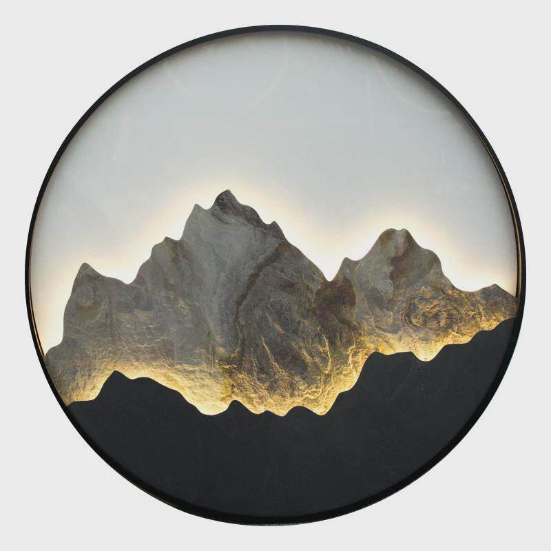新中式玄关单幅发光led简约圆形山水风景入户现代背景墙装置挂画