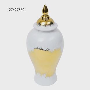 欧式 罐花瓶摆件金色轻奢工艺品样板房将军玄关摆件 电镀陶瓷软装