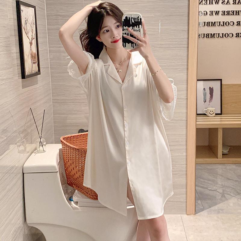 新品睡裙夏季女款2025新款短袖冰丝韩版中长款睡衣夏天性感衬衫家