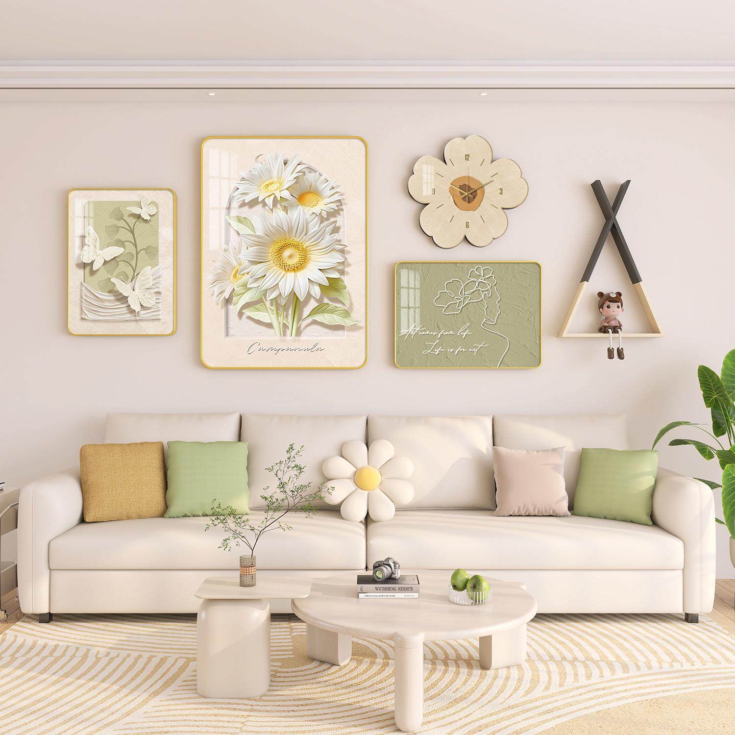 北欧奶油风客厅装饰画沙发背景墙花卉挂画带小花钟表简约房间壁画