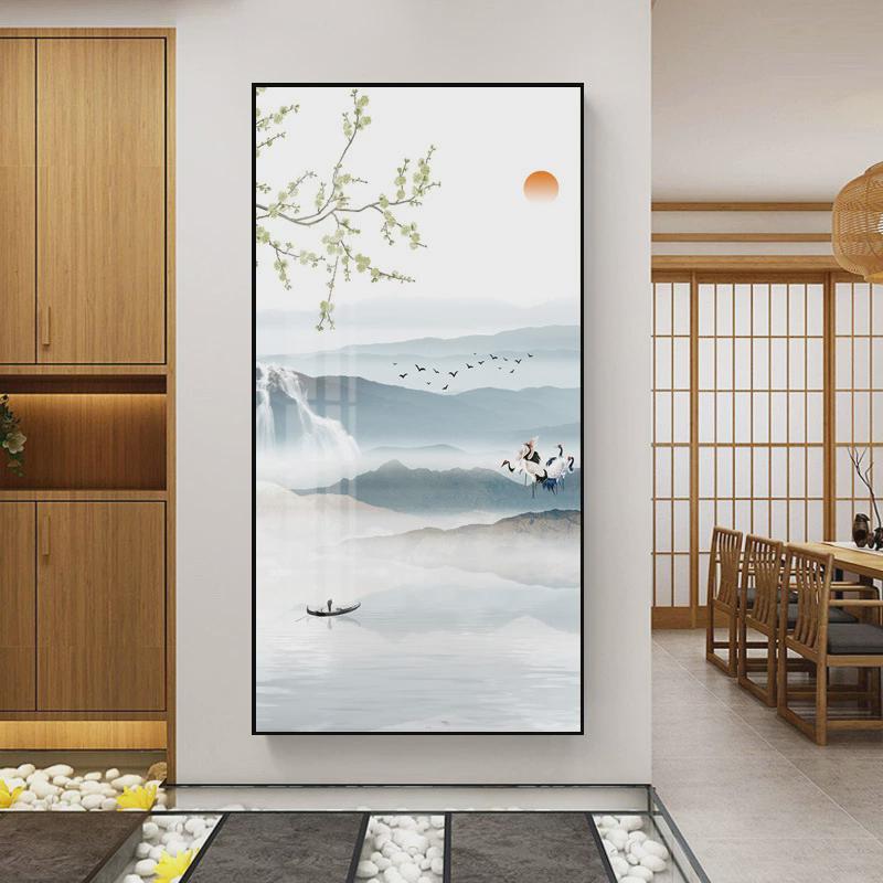新中式山水玄关装饰画水墨风景竖版正对过道壁画入户门客厅墙挂画