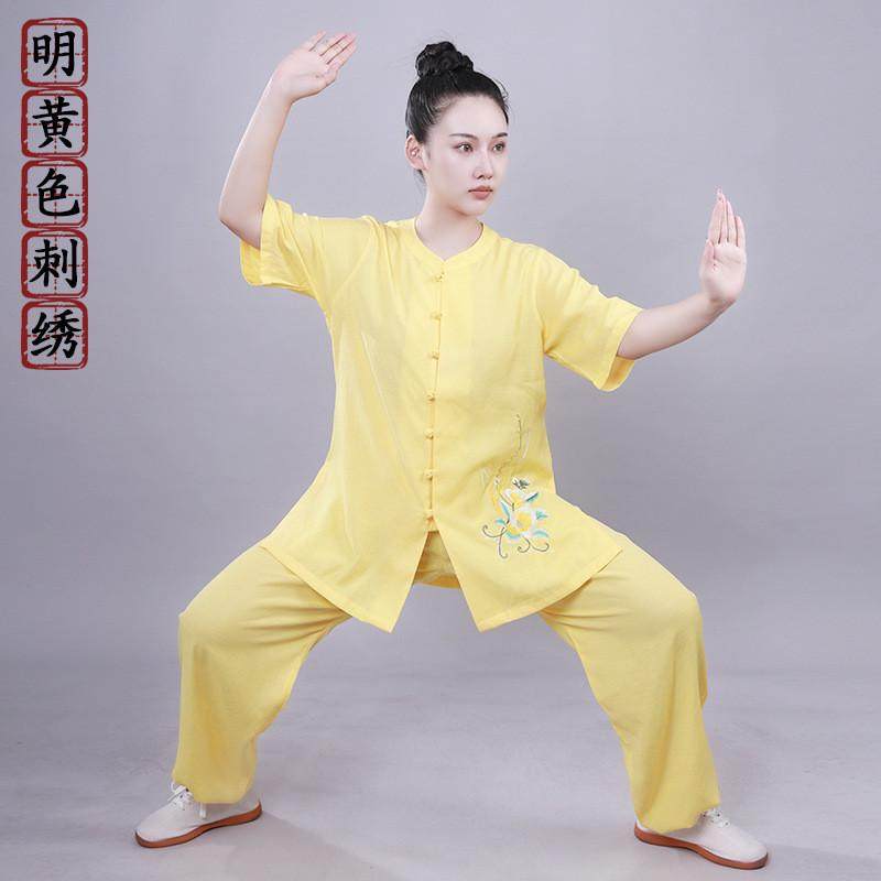 宏情棉麻绣花太极服女珍珠扣圆领夏季练功服太极拳武术服八段锦服