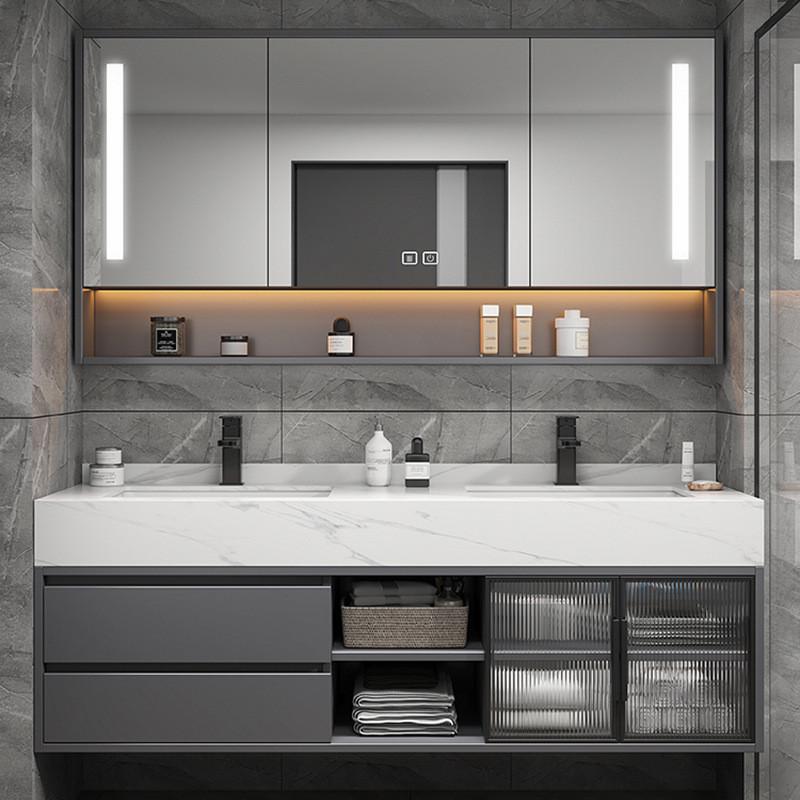 0wyv轻奢岩板一体浴室柜组合台盆实木双盆洗漱台洗脸洗手卫生间池