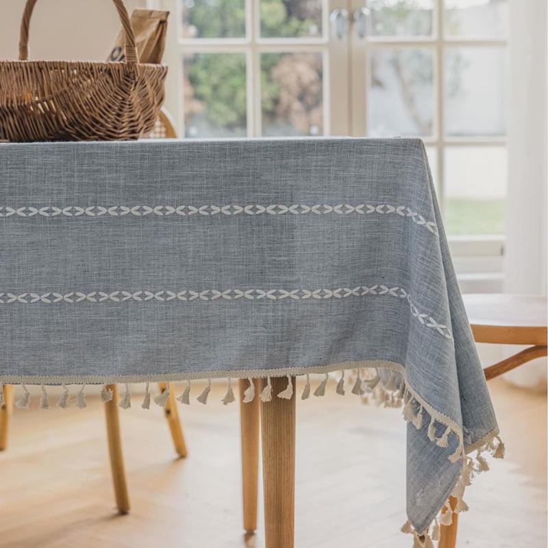 一件包邮日式文艺条纹白色长方形桌布编织流苏布艺餐桌垫摆摊装饰