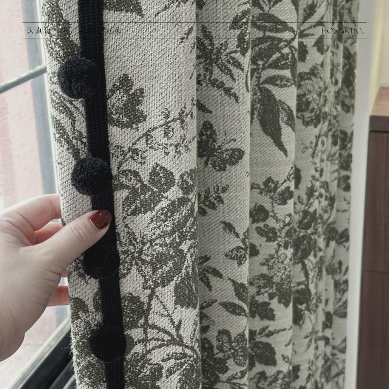 花间墨绿色复古棉麻提花新中式高端墨绿色客厅阳台卧室遮光窗帘