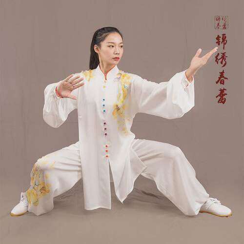 马蕾太极新款男女武术服夏秋练功服中国风锦缎彩绘一树花香表演服