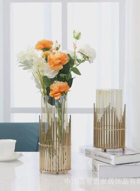 欧式金属竹笙花瓶铁艺金色摆件卧室酒店家居工艺品玻璃