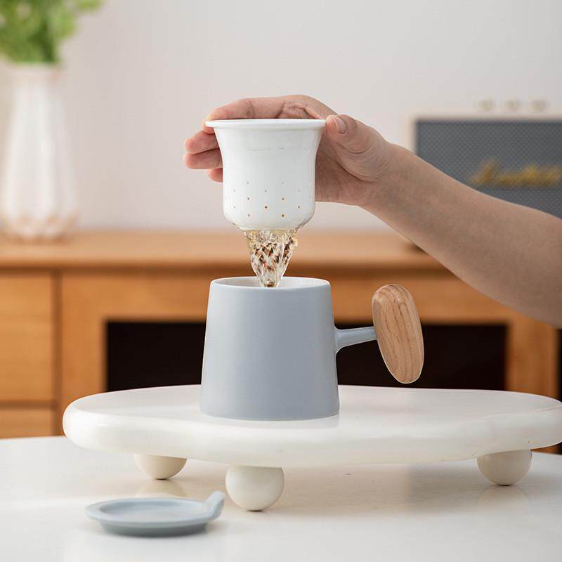 日式创意陶瓷木柄茶水分离过滤马克杯办公个人水杯办公杯喝水杯