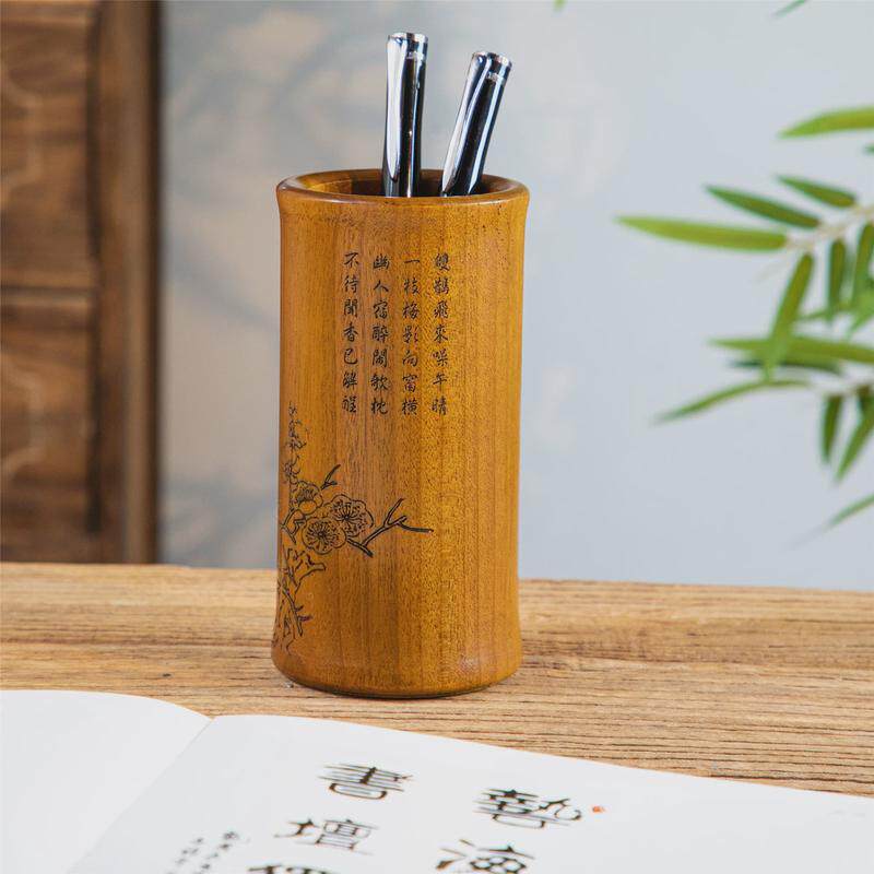 创意中国风文房四宝时尚个性笔筒复古工艺品摆件天然楠木雕花笔桶