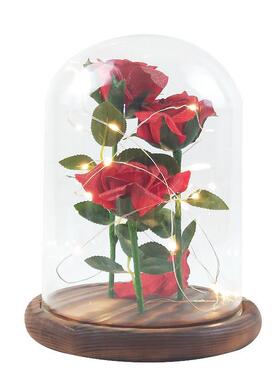 3头仿真玫瑰花家居装饰led灯微景观玻璃罩桌面摆件小夜灯