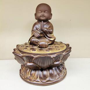 中式莲花座和尚小敲木鱼诵经香炉大号禅意陶瓷盘香塔香熏香炉