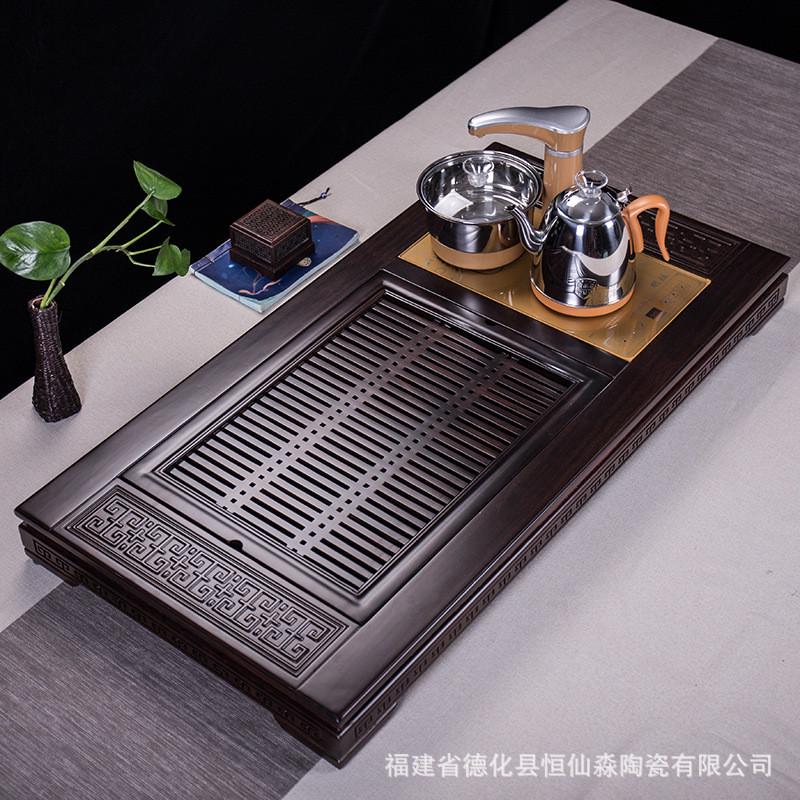 实木茶盘家用乌金石全自动鸡翅木套装四合一黑檀电热炉大号茶道托