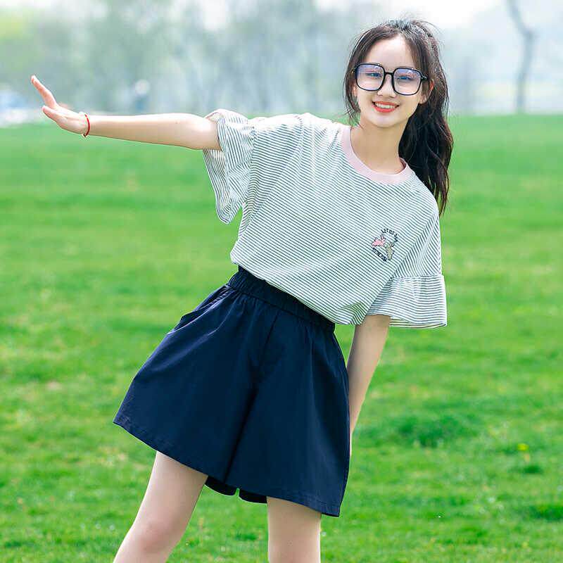 学生夏装荷叶袖时尚15岁17高中学生少女孩大童套装潮