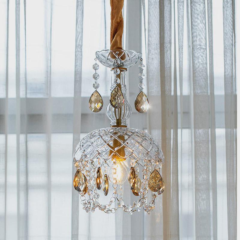 个性轻奢黄铜小吊灯简约现代吧台床头法式复古水晶过道玄关铜吊灯