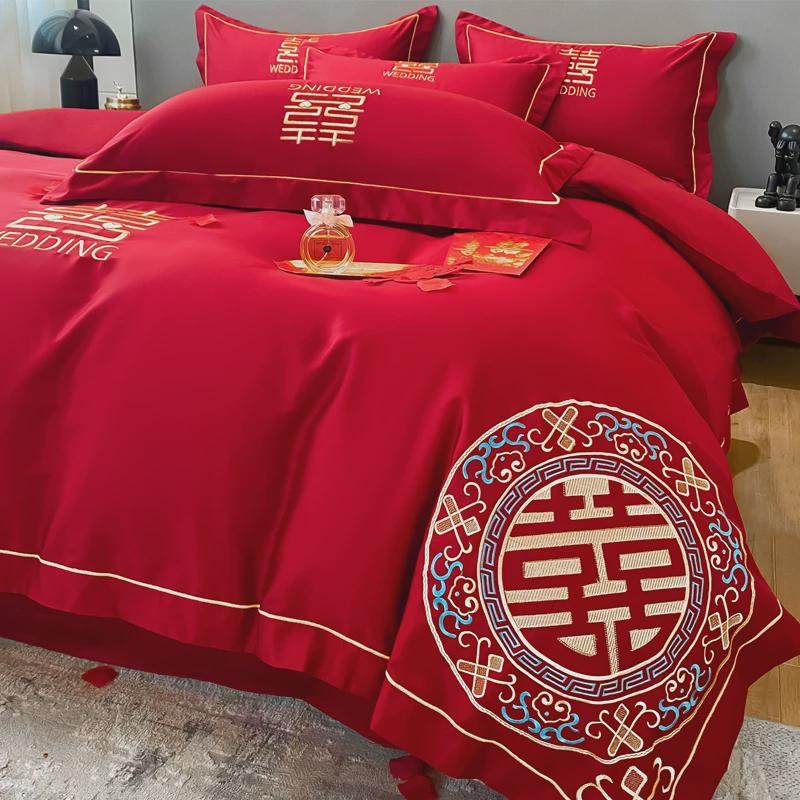 q683刺绣婚庆奢华四件套大红色床单被套纯棉结婚喜庆床上,床上用品,婚庆床品套件,淘宝优惠券,粉丝福利购,淘宝优惠卷