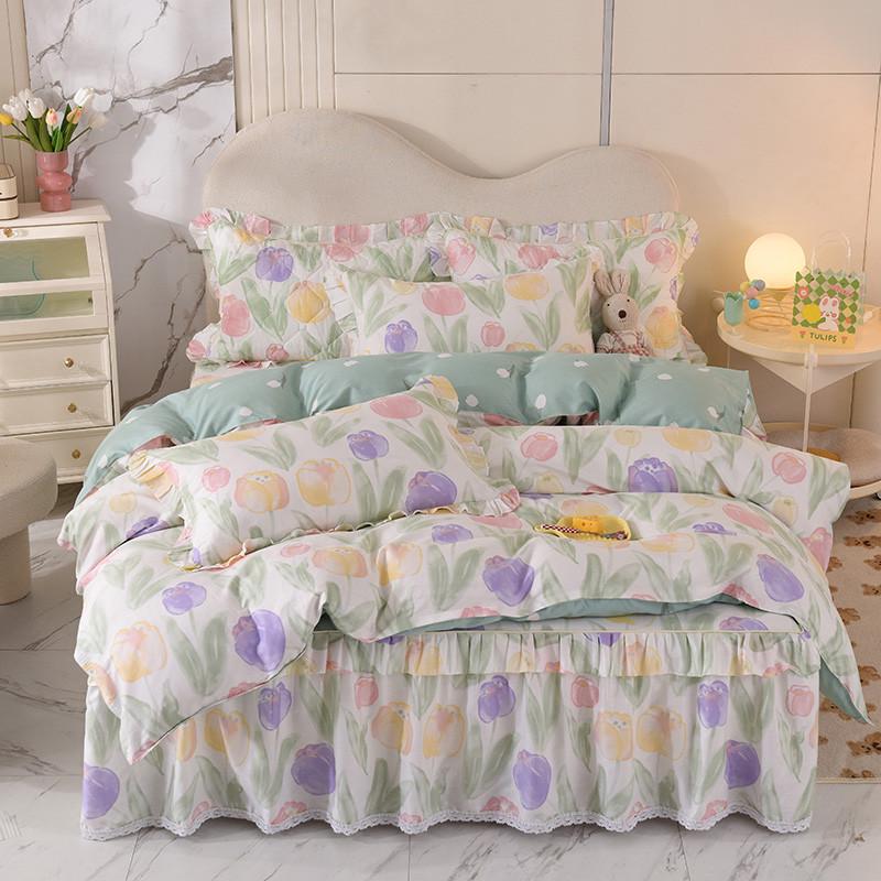 2024新款高挡床裙四件套双层花边韩版全棉4件套加厚床罩四季