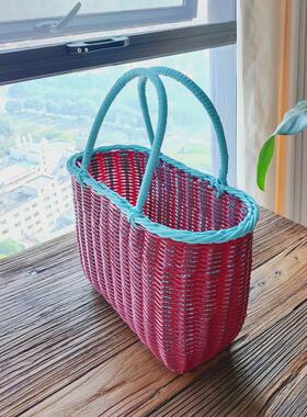 6b76轻奢风时尚手工藤编手提篮大号菜篮子购物篮仿编野餐篮塑