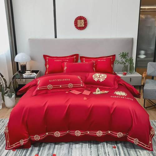 厂家批发婚庆刺绣四件套床喜庆亲肤棉大红品套件陪嫁婚房床上用品