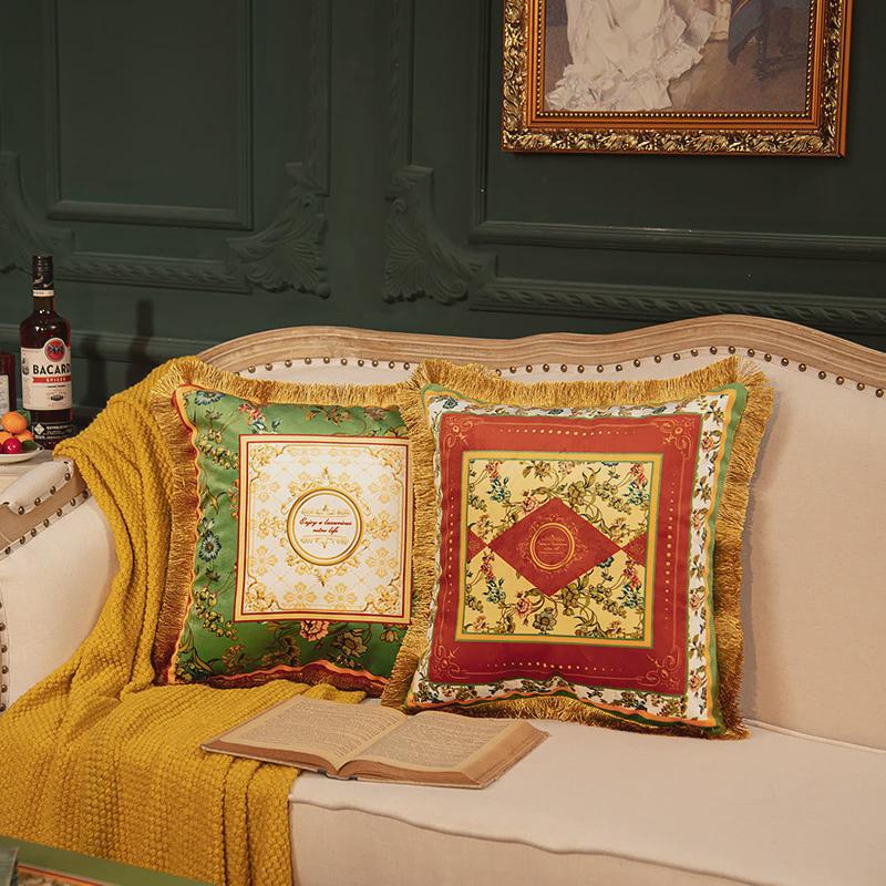 s588美式复古花卉毛绒抱枕田园风沙发靠垫双面天鹅绒流苏枕套床头