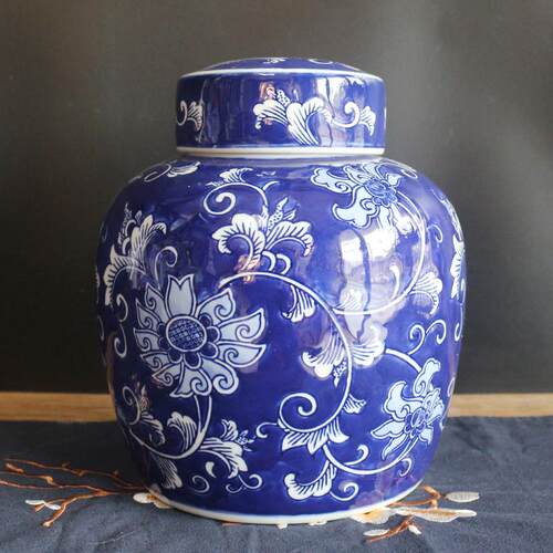 热销陶瓷器摆件仿古青花瓷圆罐新中式客厅装饰博古架插花工艺品