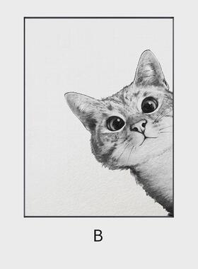 北欧简约客厅装饰画卡通有趣猫咪动物挂画卧室可爱个性壁画黑白风