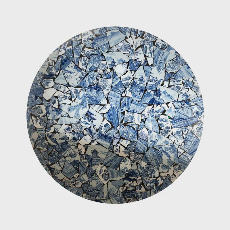 新中式圆形装饰画茶室挂画禅意艺术画立体蓝色名宿壁画瓷片实物画图片