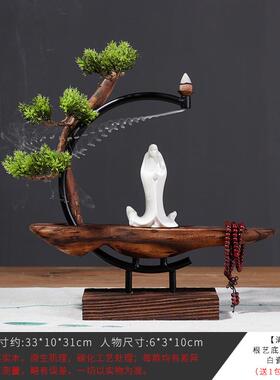 仿真崖柏迎客松摆件创意客厅玄关电视柜家居装饰禅意树根木艺产品