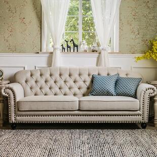 美式乡村棉麻小户型客厅家具拉扣三人位布艺沙发组合