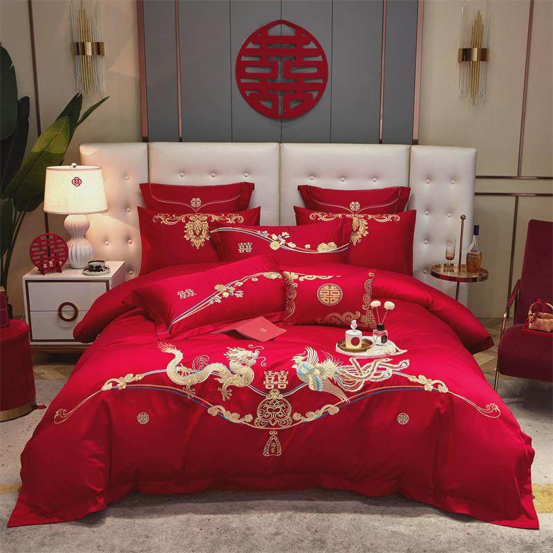 床上喜庆结婚婚庆四件套中式大红色床单被套婚房高档刺绣新婚床品