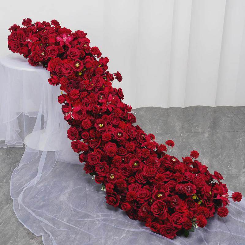 红色长条花玫瑰绣球长条地排婚庆桌花花生日派对装饰地排花