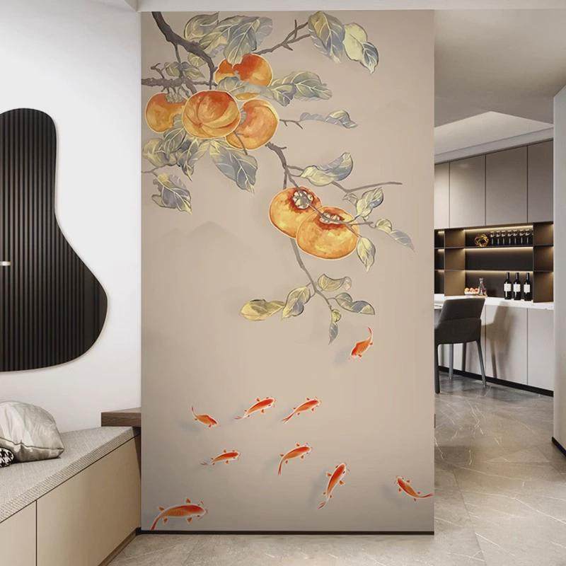 新中式柿子墙布简约壁布客厅入户玄关隔断背景墙壁纸现代墙纸暖色