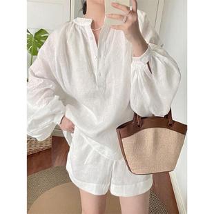 生态麻亚麻白色套头衬衫套装女士新款慵懒松弛感宽松廓形