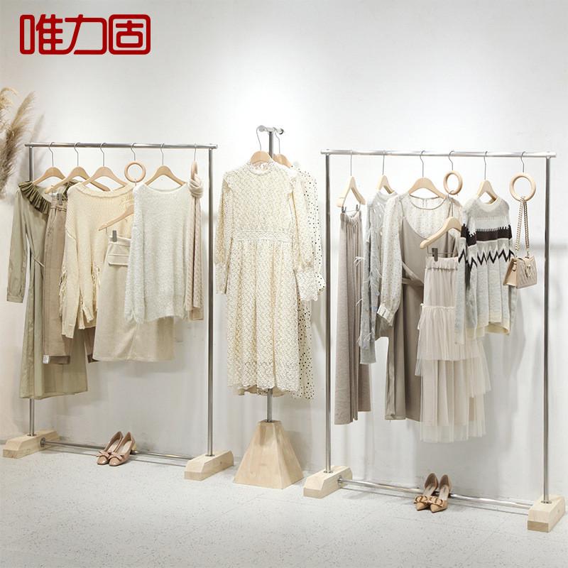 简约不锈钢拉丝银服装店展示架男女装店铺落地中岛架木质服装架子