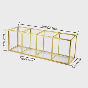 北欧风金色玻璃分格收纳盒透明化妆刷收纳桶桌面美妆收纳金色笔筒